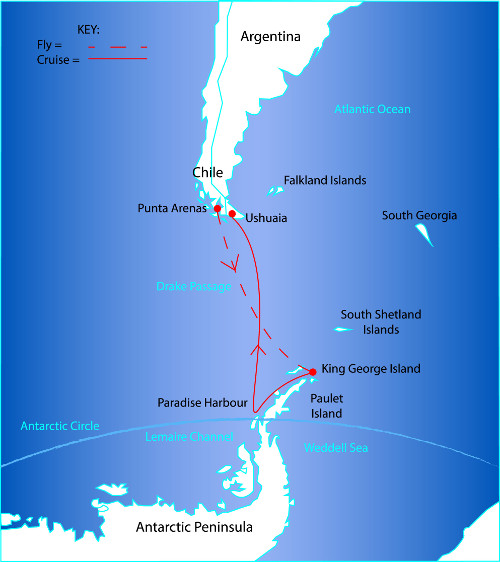 Route Map for the Antarctica Fly South – Cruise North Tour