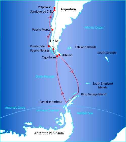 Route Map for the Antarctic Peninsula and Coastal Patagonia Cruise